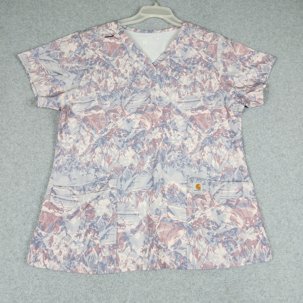 Carhartt Scrub Top Womens L Multicolor Mountain Print Modern Fit V-Neck Stretch